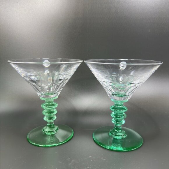Seneca Theodule Clear Top Green Uranium Stem Optic Cut Top Sherbets Cups Set 2 - Picture 4 of 14
